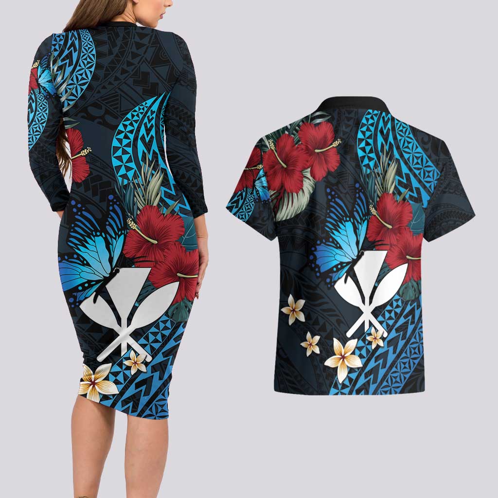 Hawaii Butterfly Couples Matching Long Sleeve Bodycon Dress and Hawaiian Shirt Kanaka Maoli Mix Hibiscus