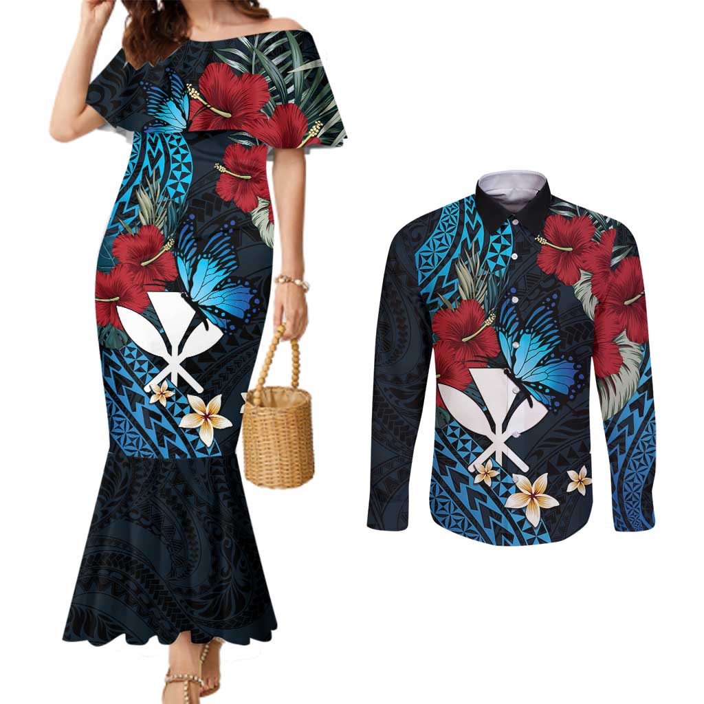 Hawaii Butterfly Couples Matching Mermaid Dress and Long Sleeve Button Shirt Kanaka Maoli Mix Hibiscus