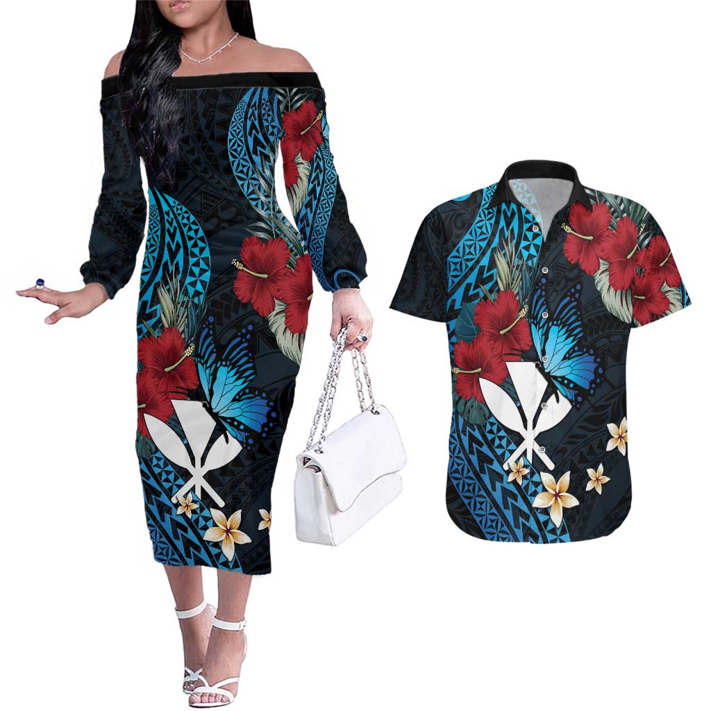Hawaii Butterfly Couples Matching Off The Shoulder Long Sleeve Dress and Hawaiian Shirt Kanaka Maoli Mix Hibiscus