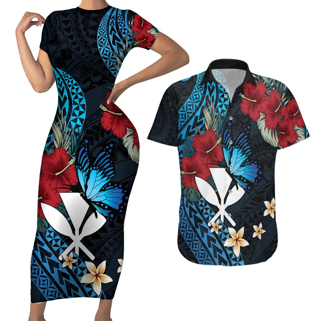 Hawaii Butterfly Couples Matching Short Sleeve Bodycon Dress and Hawaiian Shirt Kanaka Maoli Mix Hibiscus