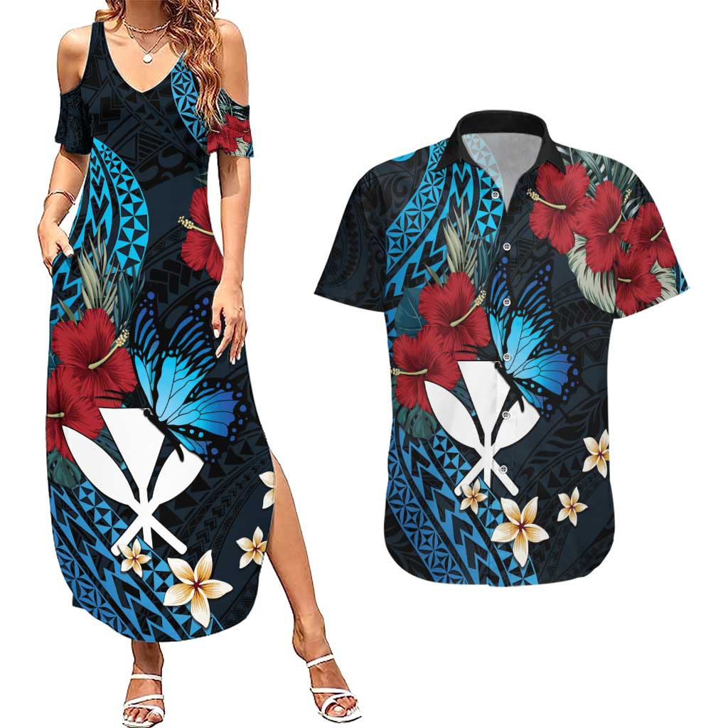 Hawaii Butterfly Couples Matching Summer Maxi Dress and Hawaiian Shirt Kanaka Maoli Mix Hibiscus