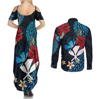 Hawaii Butterfly Couples Matching Summer Maxi Dress and Long Sleeve Button Shirt Kanaka Maoli Mix Hibiscus