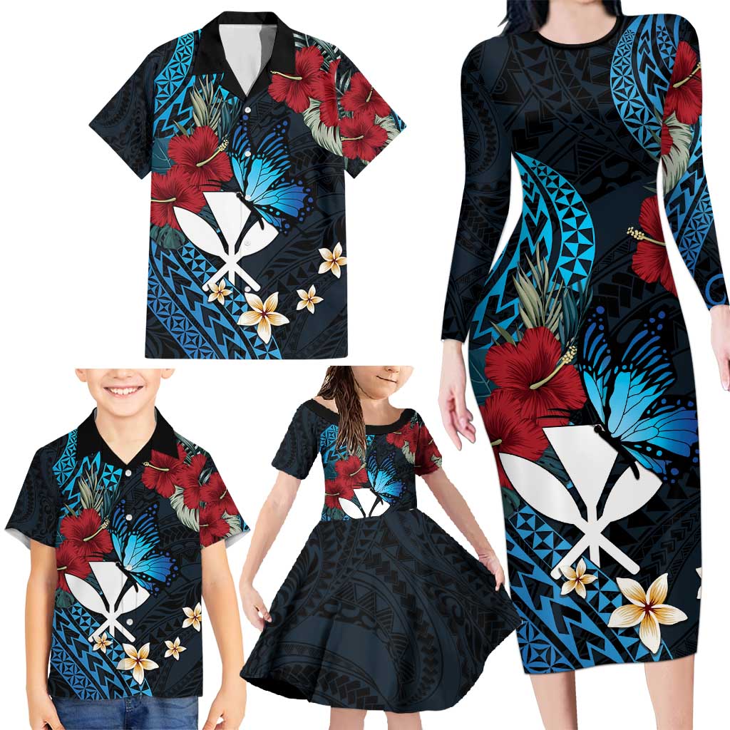 Hawaii Butterfly Family Matching Long Sleeve Bodycon Dress and Hawaiian Shirt Kanaka Maoli Mix Hibiscus