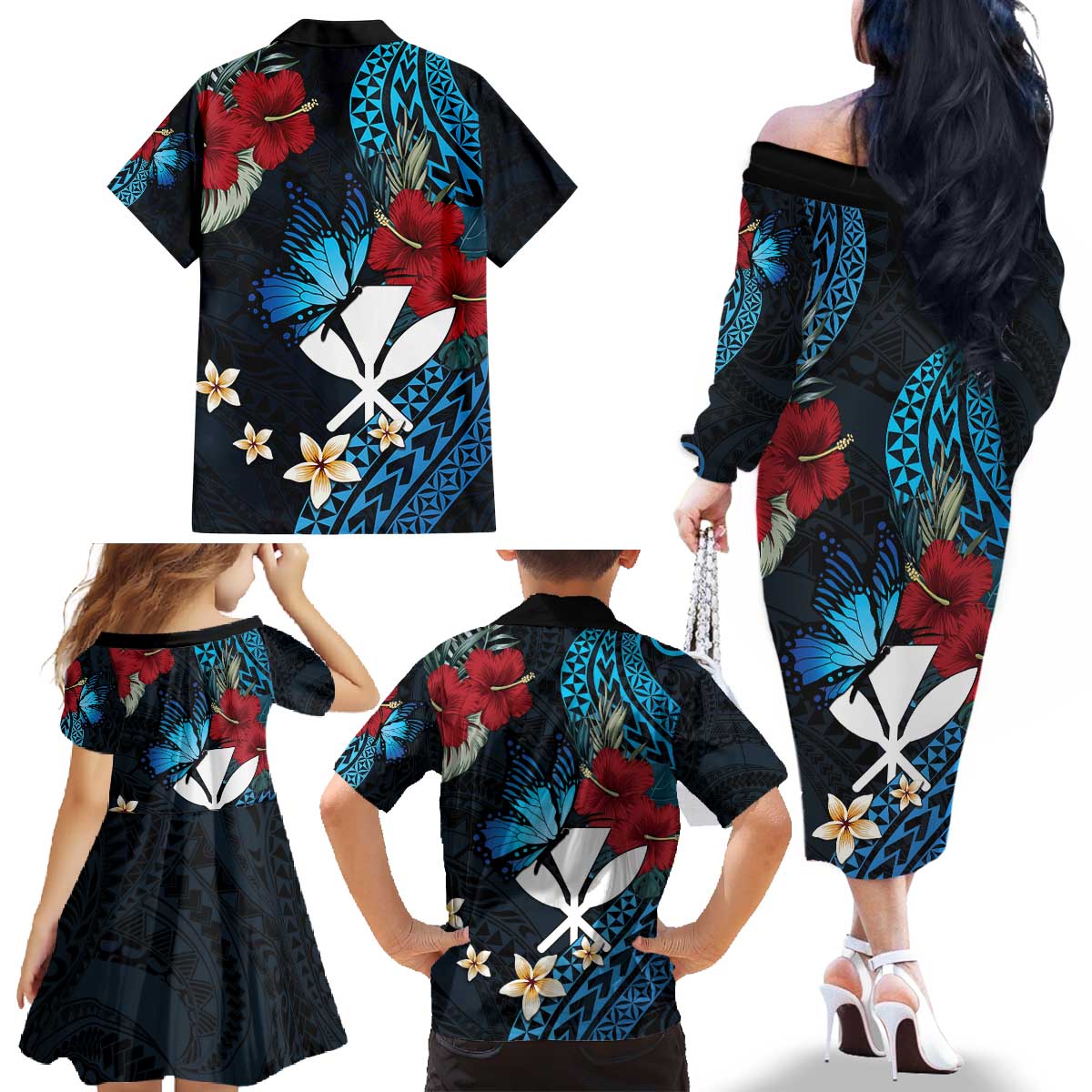 Hawaii Butterfly Family Matching Off The Shoulder Long Sleeve Dress and Hawaiian Shirt Kanaka Maoli Mix Hibiscus