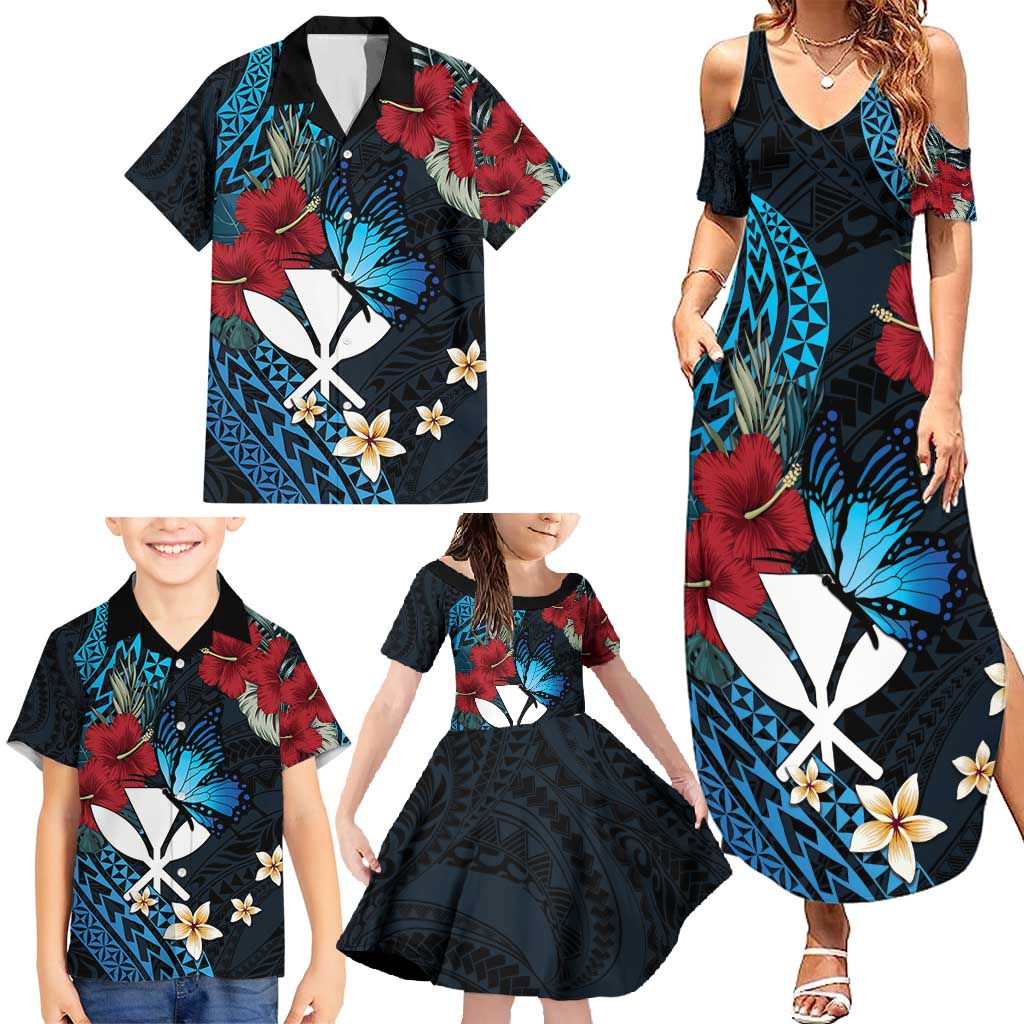 Hawaii Butterfly Family Matching Summer Maxi Dress and Hawaiian Shirt Kanaka Maoli Mix Hibiscus