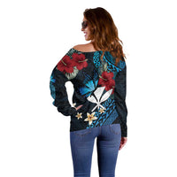 Hawaii Butterfly Off Shoulder Sweater Kanaka Maoli Mix Hibiscus