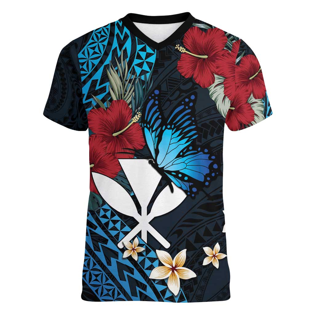 Hawaii Butterfly Women V-Neck T-Shirt Kanaka Maoli Mix Hibiscus