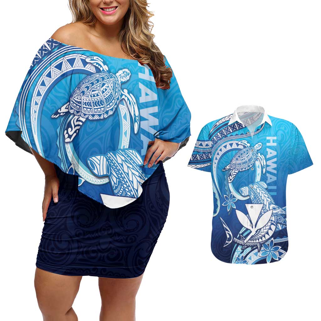 Hawaii Couples Matching Off Shoulder Short Dress and Hawaiian Shirt Turtle With Hammerhead Shark Oceanic
