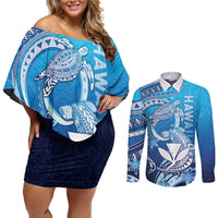 Hawaii Couples Matching Off Shoulder Short Dress and Long Sleeve Button Shirt Turtle With Hammerhead Shark Oceanic