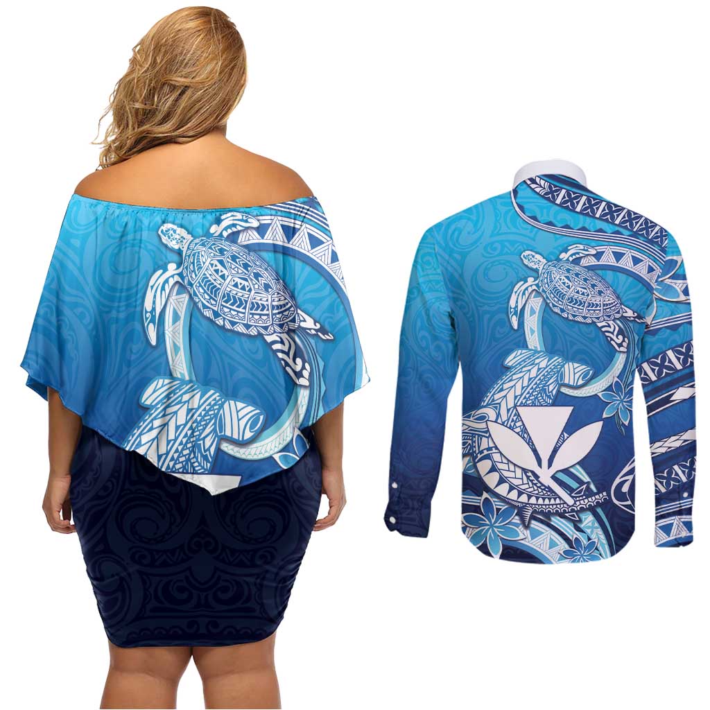 Hawaii Couples Matching Off Shoulder Short Dress and Long Sleeve Button Shirt Turtle With Hammerhead Shark Oceanic
