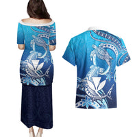 Hawaii Couples Matching Puletasi and Hawaiian Shirt Turtle With Hammerhead Shark Oceanic