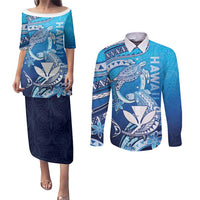 Hawaii Couples Matching Puletasi and Long Sleeve Button Shirt Turtle With Hammerhead Shark Oceanic DT04 Blue - Polynesian Pride