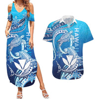 Hawaii Couples Matching Summer Maxi Dress and Hawaiian Shirt Turtle With Hammerhead Shark Oceanic