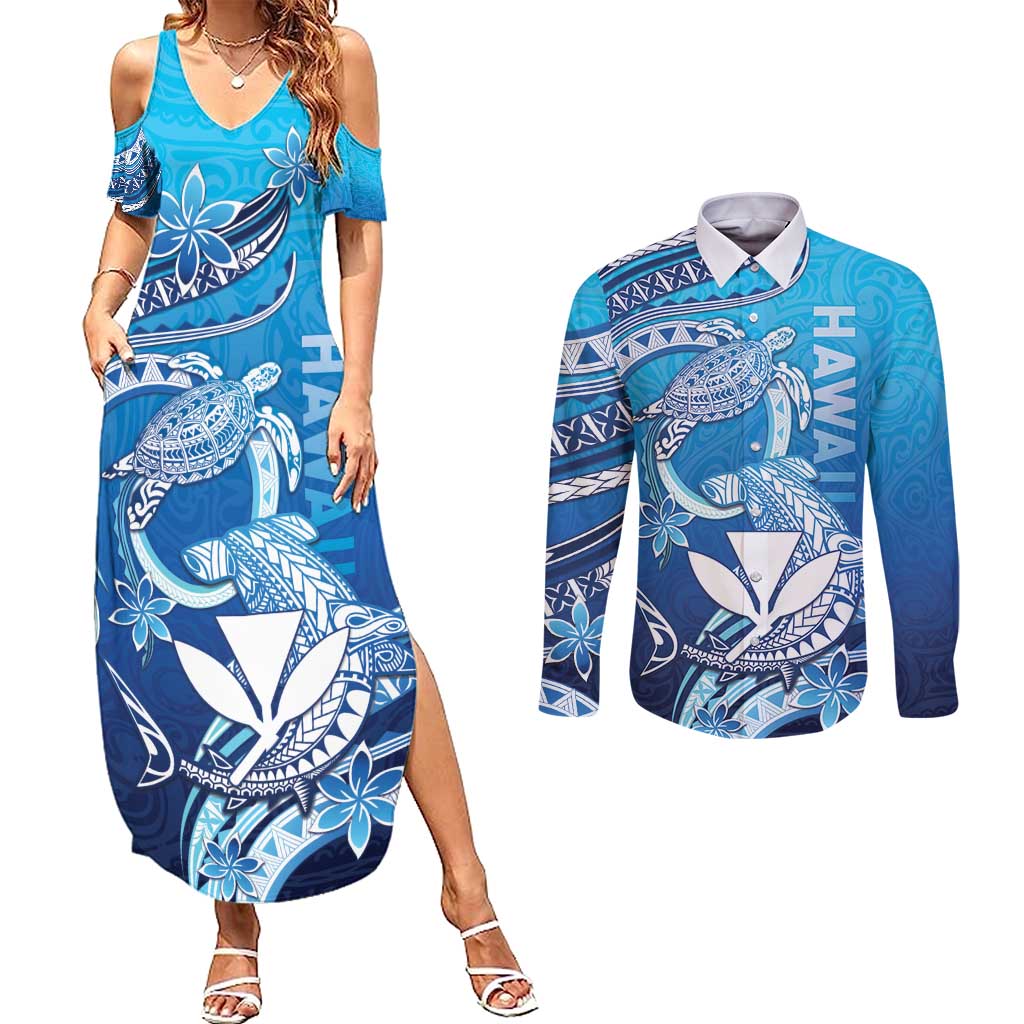 Hawaii Couples Matching Summer Maxi Dress and Long Sleeve Button Shirt Turtle With Hammerhead Shark Oceanic