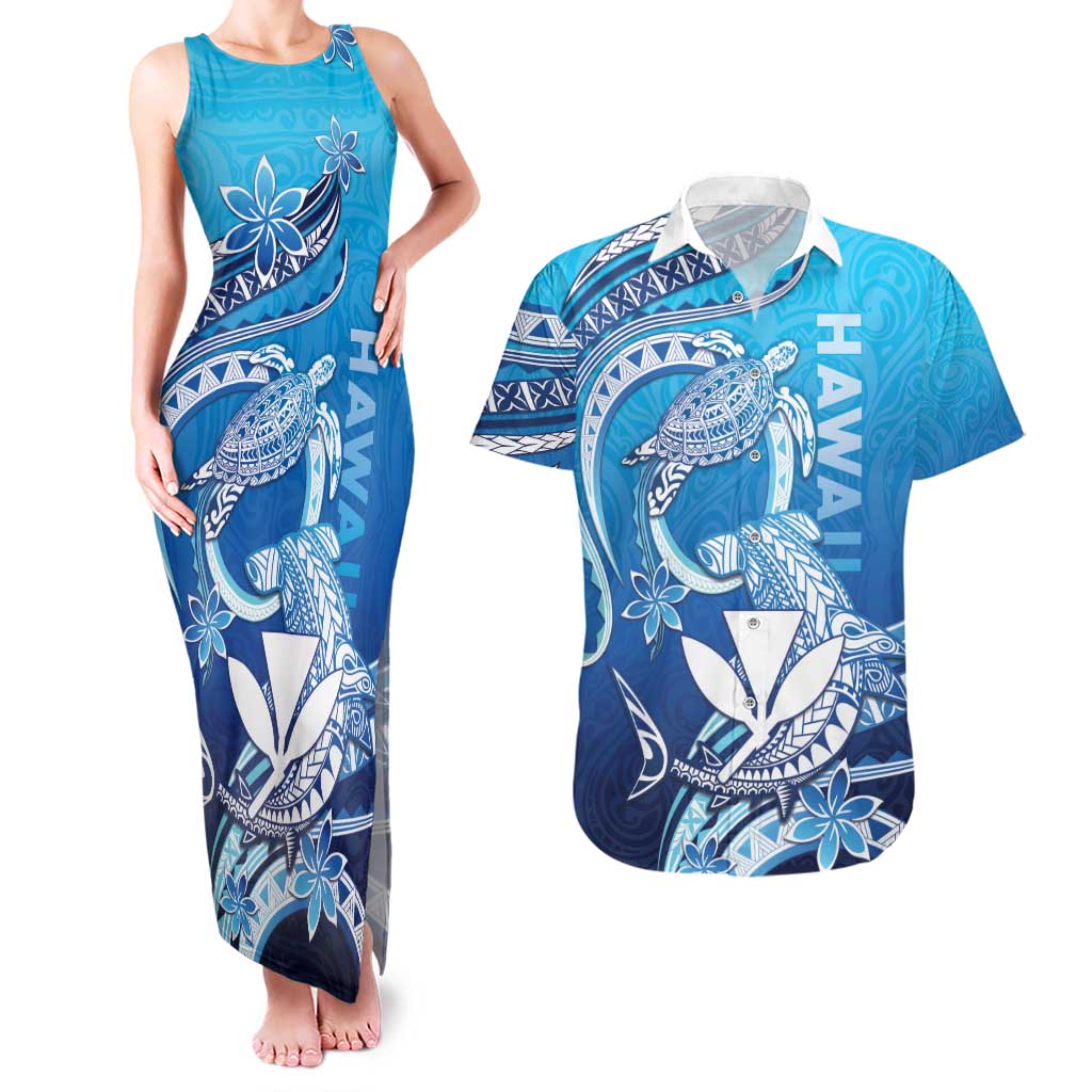Hawaii Couples Matching Tank Maxi Dress and Hawaiian Shirt Turtle With Hammerhead Shark Oceanic