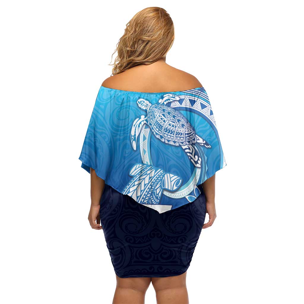 Hawaii Family Matching Off Shoulder Short Dress and Hawaiian Shirt Turtle With Hammerhead Shark Oceanic