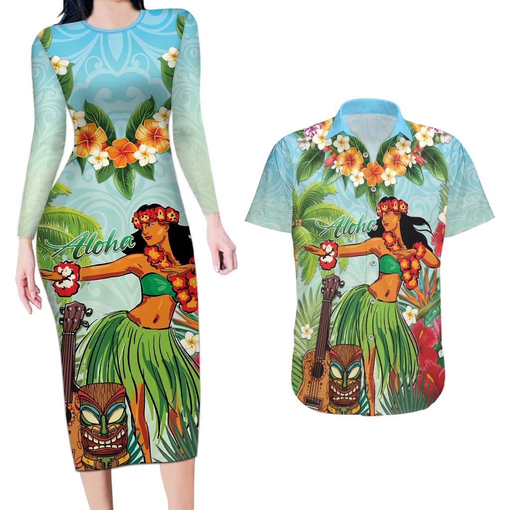 Hawaii Lei Day Couples Matching Long Sleeve Bodycon Dress and Hawaiian Shirt Hula Girl With Tropical Forest