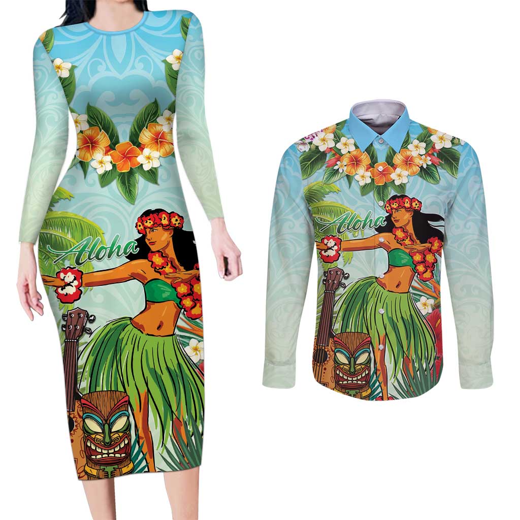 Hawaii Lei Day Couples Matching Long Sleeve Bodycon Dress and Long Sleeve Button Shirt Hula Girl With Tropical Forest