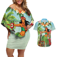 Hawaii Lei Day Couples Matching Off Shoulder Short Dress and Hawaiian Shirt Hula Girl With Tropical Forest