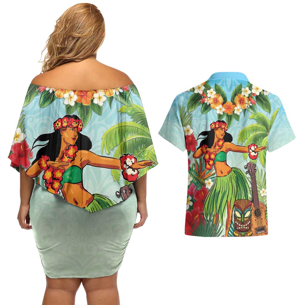 Hawaii Lei Day Couples Matching Off Shoulder Short Dress and Hawaiian Shirt Hula Girl With Tropical Forest