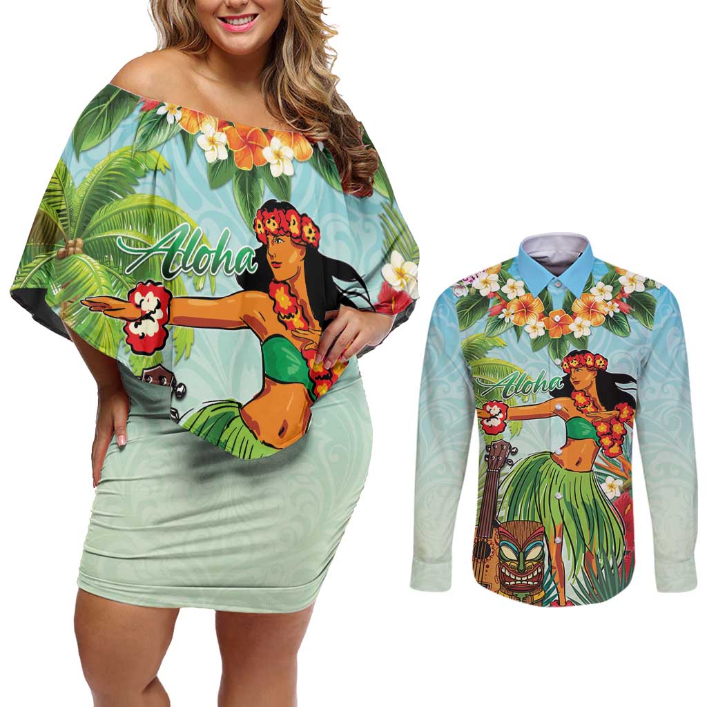 Hawaii Lei Day Couples Matching Off Shoulder Short Dress and Long Sleeve Button Shirt Hula Girl With Tropical Forest