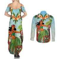 Hawaii Lei Day Couples Matching Summer Maxi Dress and Long Sleeve Button Shirt Hula Girl With Tropical Forest