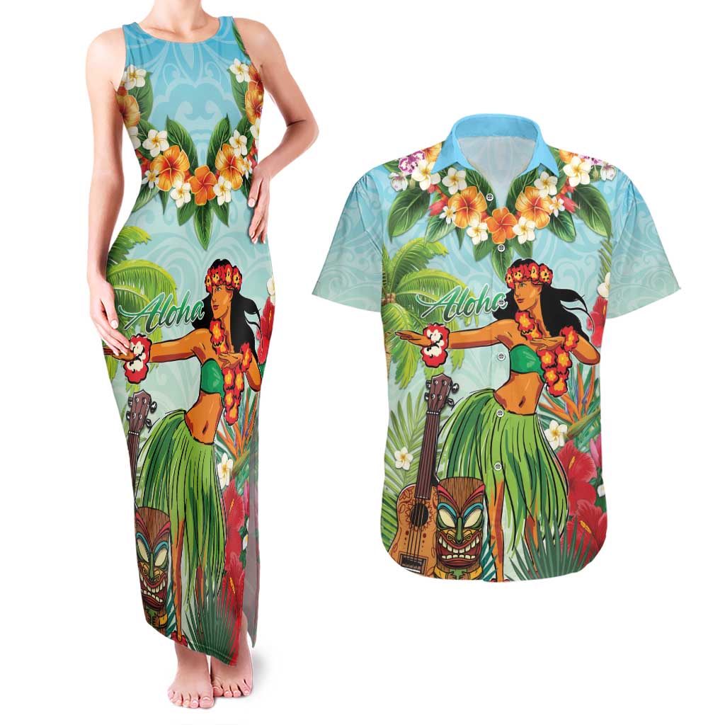 Hawaii Lei Day Couples Matching Tank Maxi Dress and Hawaiian Shirt Hula Girl With Tropical Forest