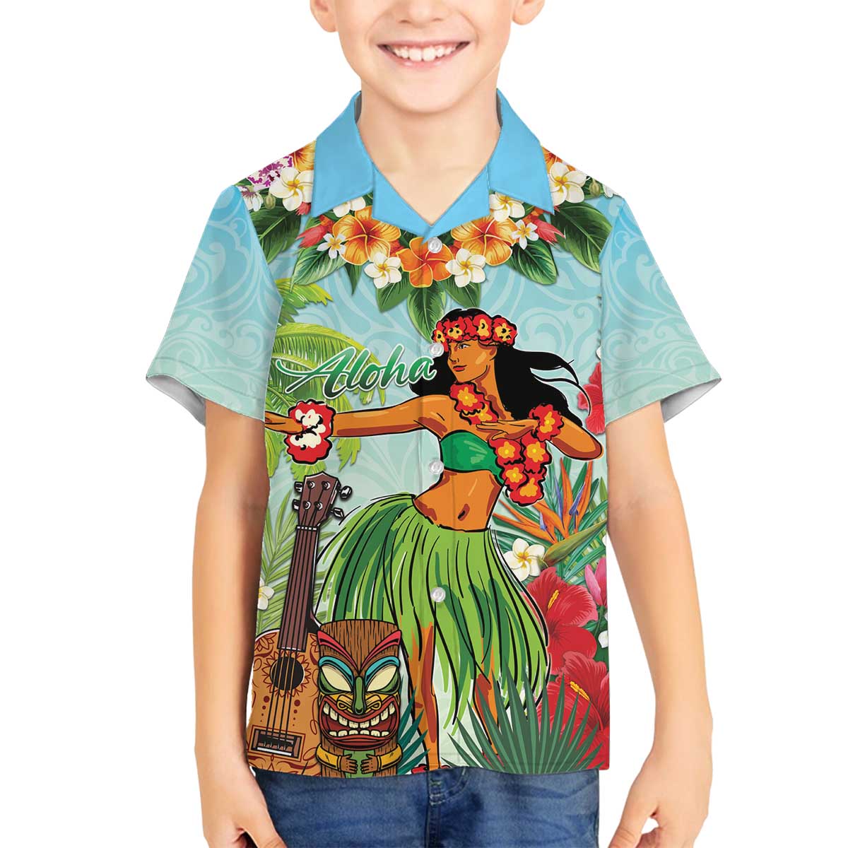 Hawaii Lei Day Family Matching Off The Shoulder Long Sleeve Dress and Hawaiian Shirt Hula Girl With Tropical Forest