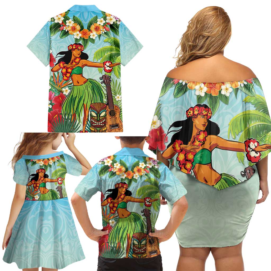 Hawaii Lei Day Family Matching Off Shoulder Short Dress and Hawaiian Shirt Hula Girl With Tropical Forest