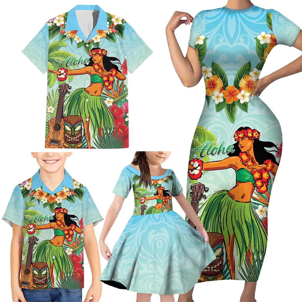Hawaii Lei Day Family Matching Short Sleeve Bodycon Dress and Hawaiian Shirt Hula Girl With Tropical Forest