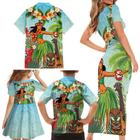Hawaii Lei Day Family Matching Short Sleeve Bodycon Dress and Hawaiian Shirt Hula Girl With Tropical Forest