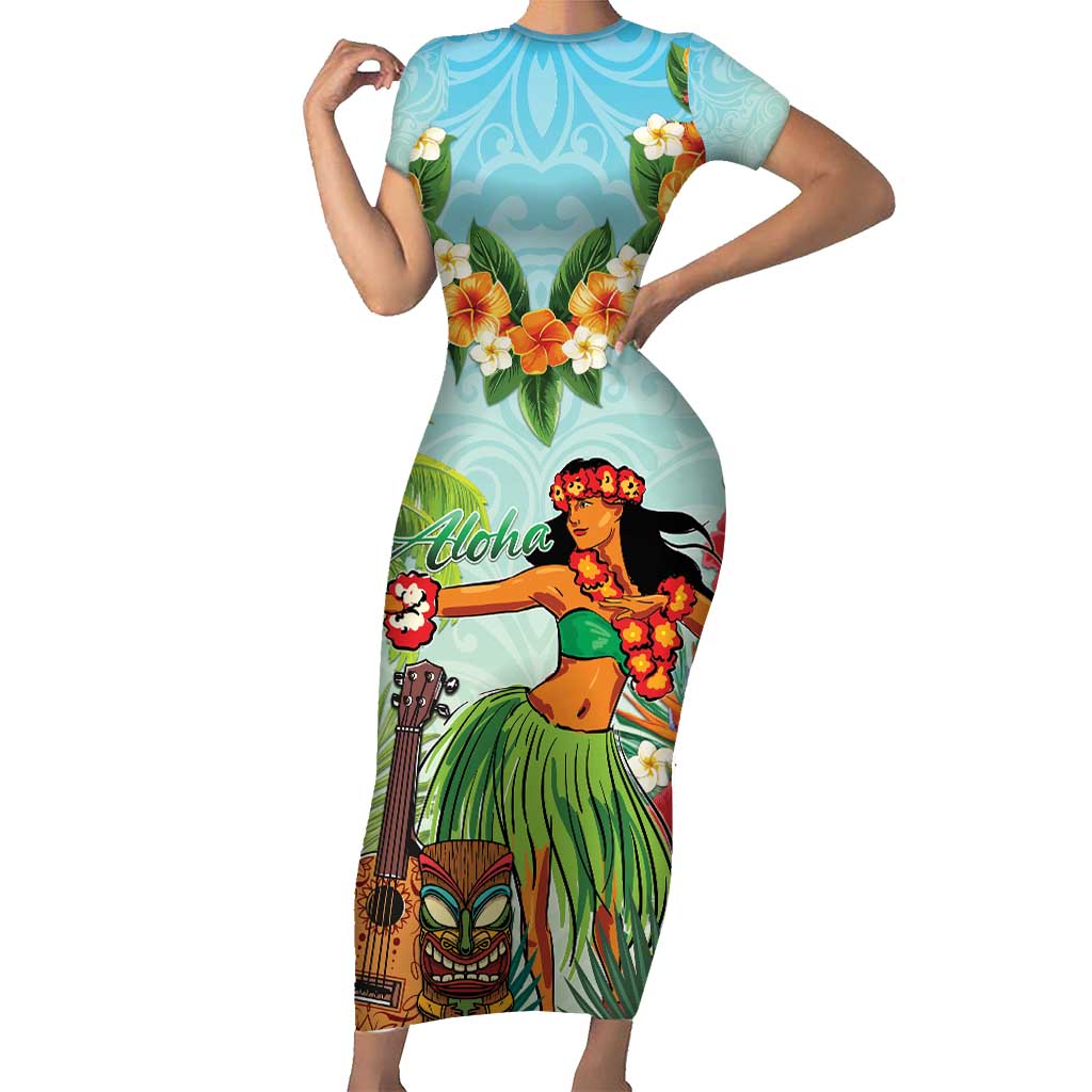 Hawaii Lei Day Family Matching Short Sleeve Bodycon Dress and Hawaiian Shirt Hula Girl With Tropical Forest