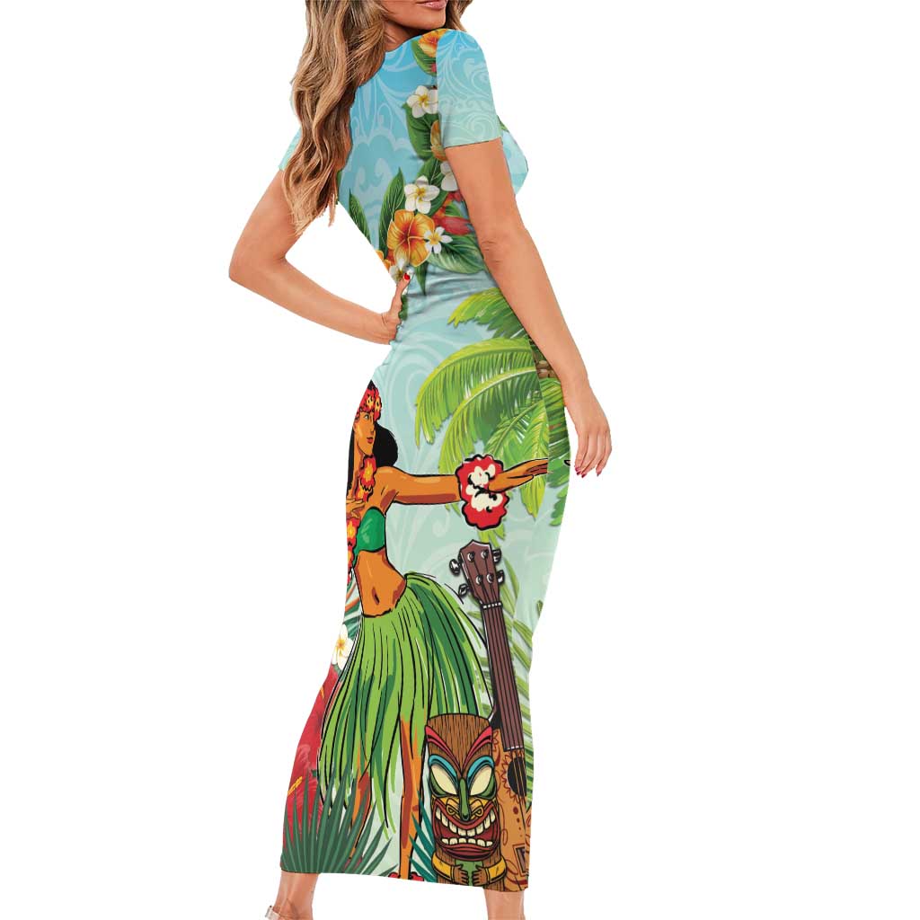 Hawaii Lei Day Family Matching Short Sleeve Bodycon Dress and Hawaiian Shirt Hula Girl With Tropical Forest