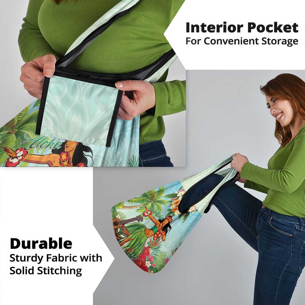 Hawaii Lei Day Grocery Bag Hula Girl With Tropical Forest