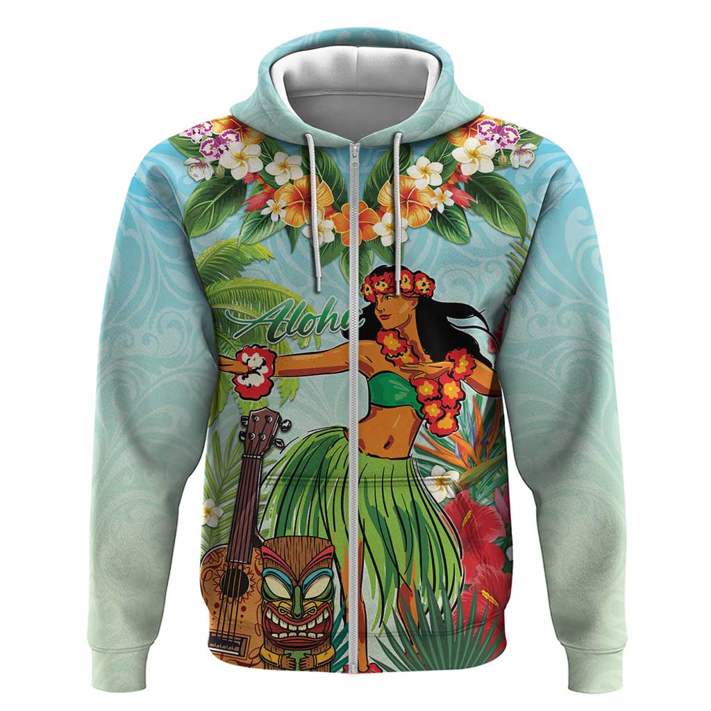 Hawaii Lei Day Hoodie Hula Girl With Tropical Forest DT04 Zip Hoodie Blue - Polynesian Pride