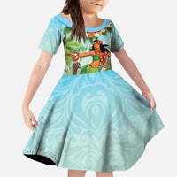 Hawaii Lei Day Kid Short Sleeve Dress Hula Girl With Tropical Forest