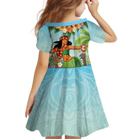Hawaii Lei Day Kid Short Sleeve Dress Hula Girl With Tropical Forest