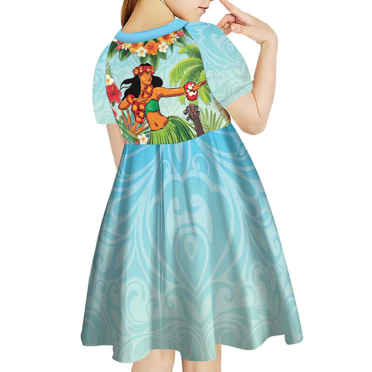 Hawaii Lei Day Kid Short Sleeve Dress Hula Girl With Tropical Forest