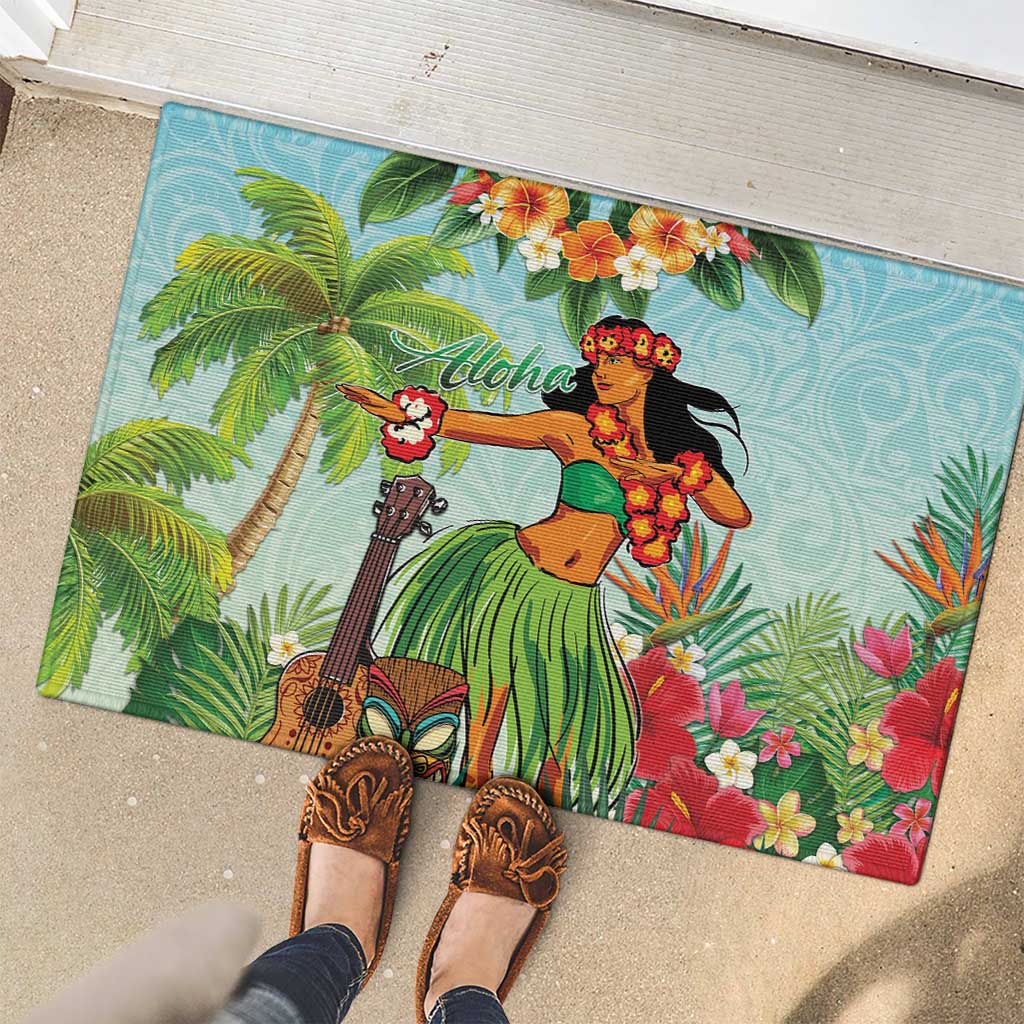 Hawaii Lei Day Rubber Doormat Hula Girl With Tropical Forest
