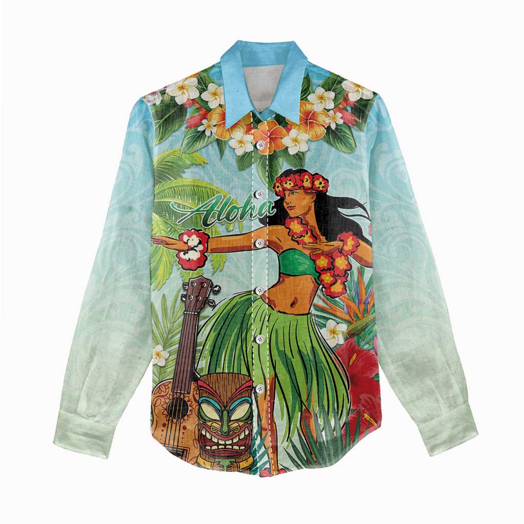 Hawaii Lei Day Women Casual Shirt Hula Girl With Tropical Forest