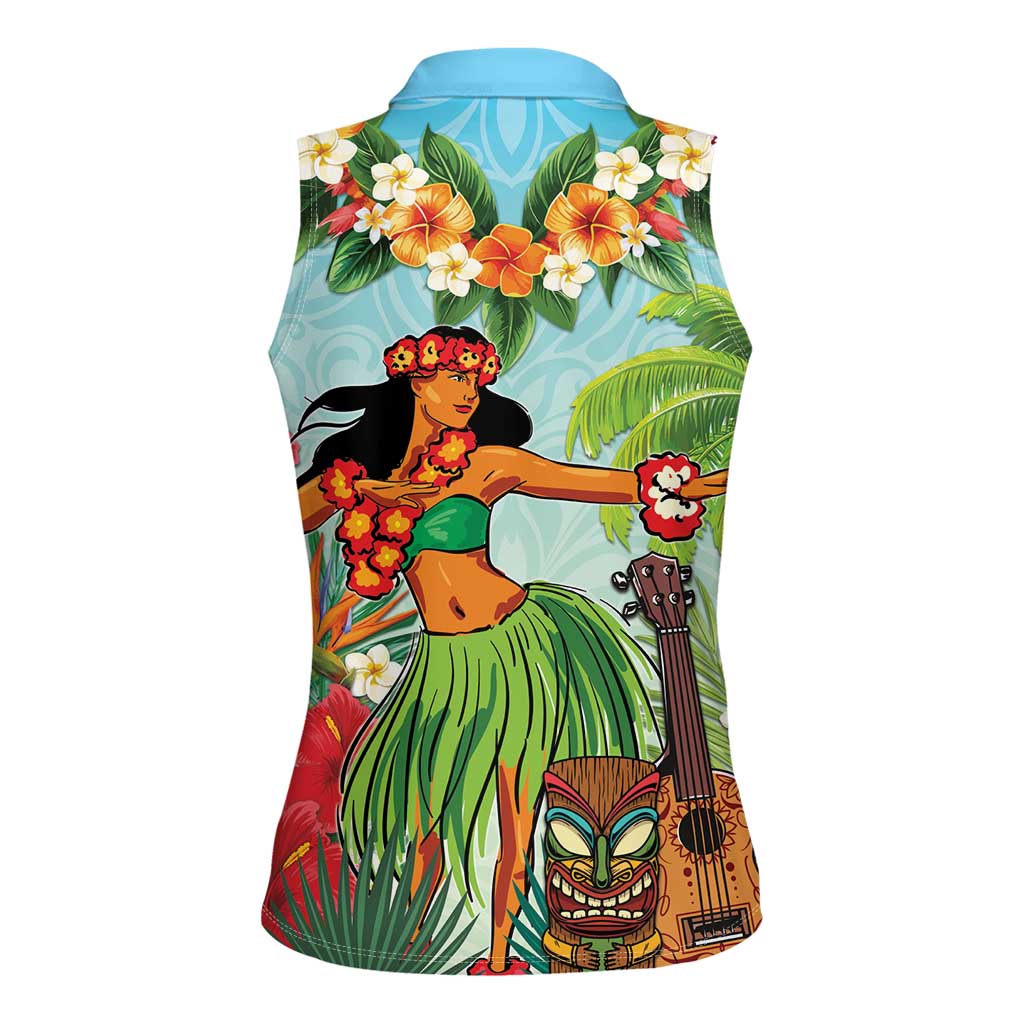 Hawaii Lei Day Women Sleeveless Polo Shirt Hula Girl With Tropical Forest