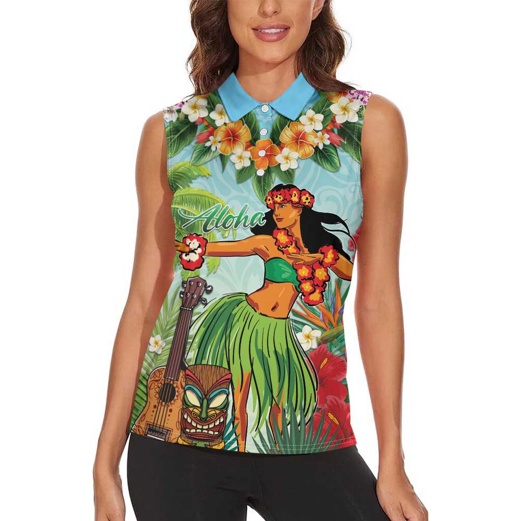 Hawaii Lei Day Women Sleeveless Polo Shirt Hula Girl With Tropical Forest