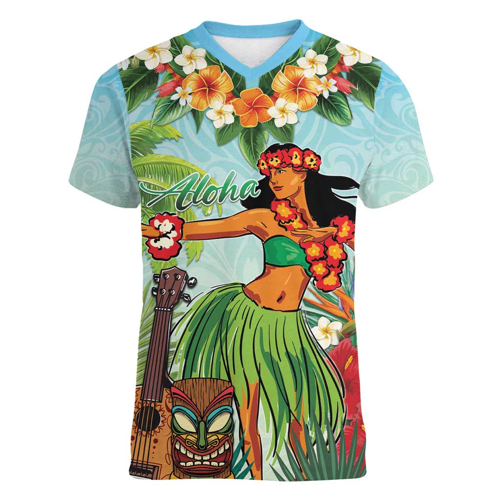 Hawaii Lei Day Women V-Neck T-Shirt Hula Girl With Tropical Forest