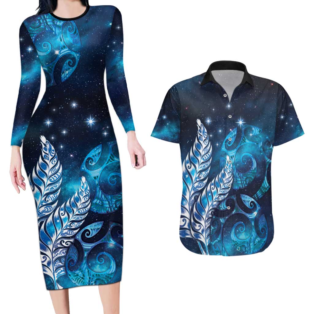 New Zealand Matariki Couples Matching Long Sleeve Bodycon Dress and Hawaiian Shirt Maori Koru Mix Silver Fern
