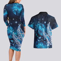 New Zealand Matariki Couples Matching Long Sleeve Bodycon Dress and Hawaiian Shirt Maori Koru Mix Silver Fern