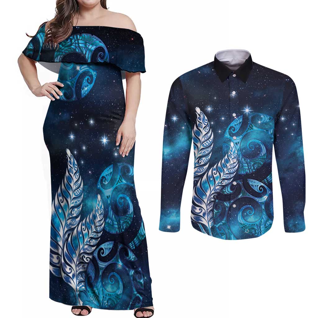 New Zealand Matariki Couples Matching Off Shoulder Maxi Dress and Long Sleeve Button Shirt Maori Koru Mix Silver Fern
