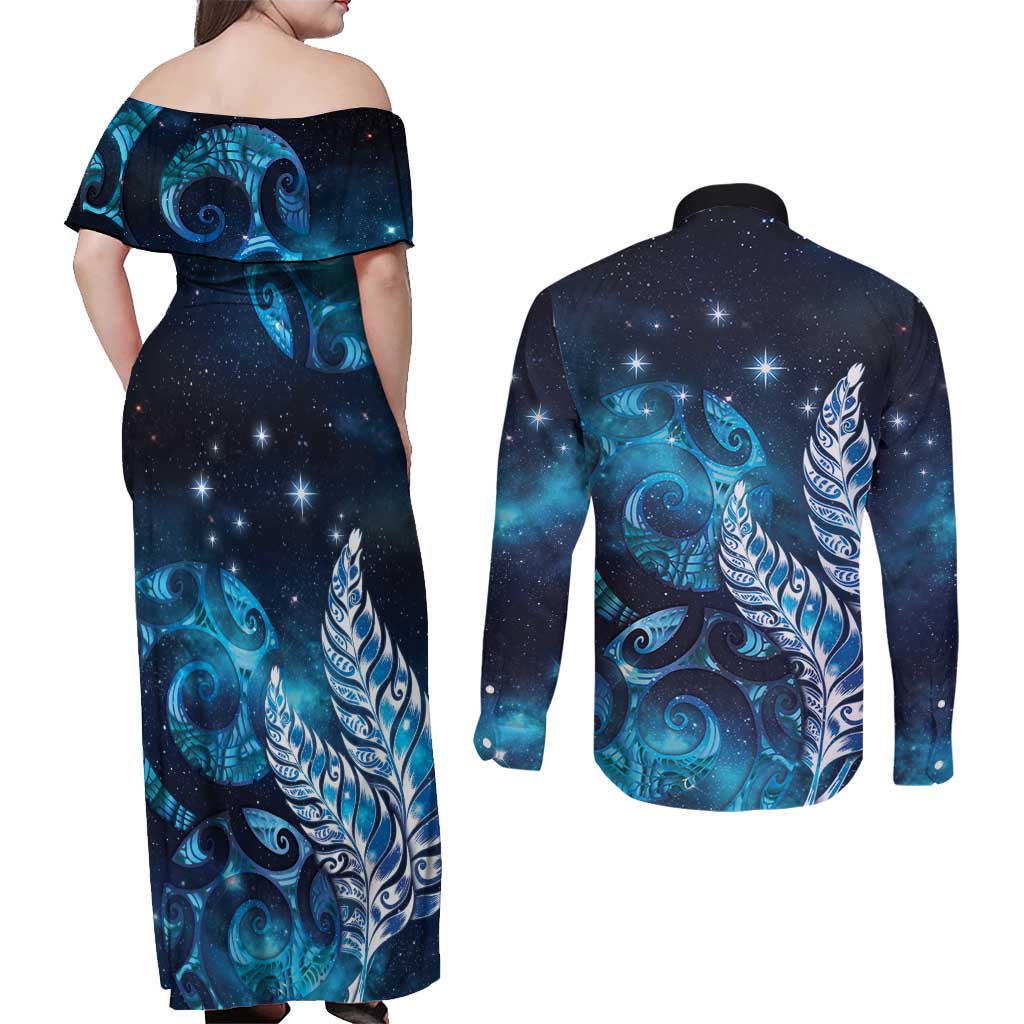 New Zealand Matariki Couples Matching Off Shoulder Maxi Dress and Long Sleeve Button Shirt Maori Koru Mix Silver Fern