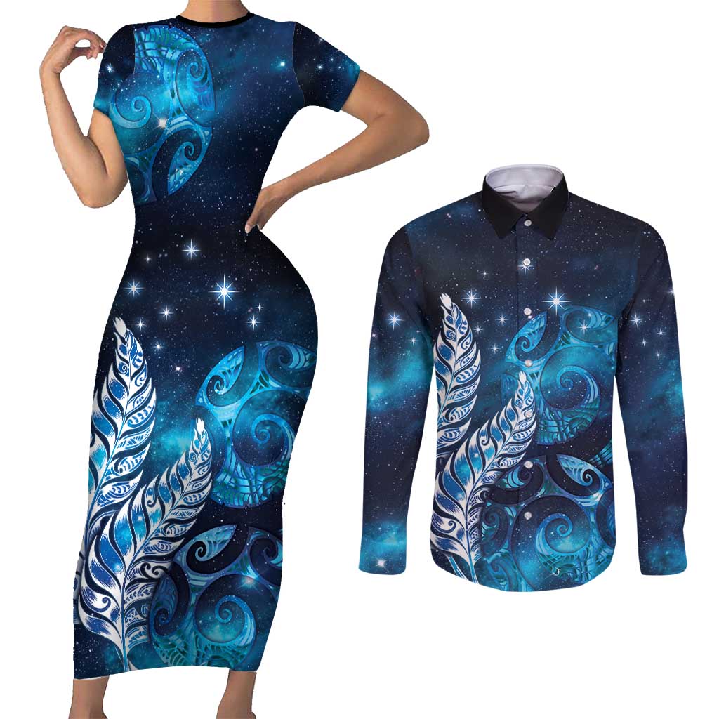 New Zealand Matariki Couples Matching Short Sleeve Bodycon Dress and Long Sleeve Button Shirt Maori Koru Mix Silver Fern