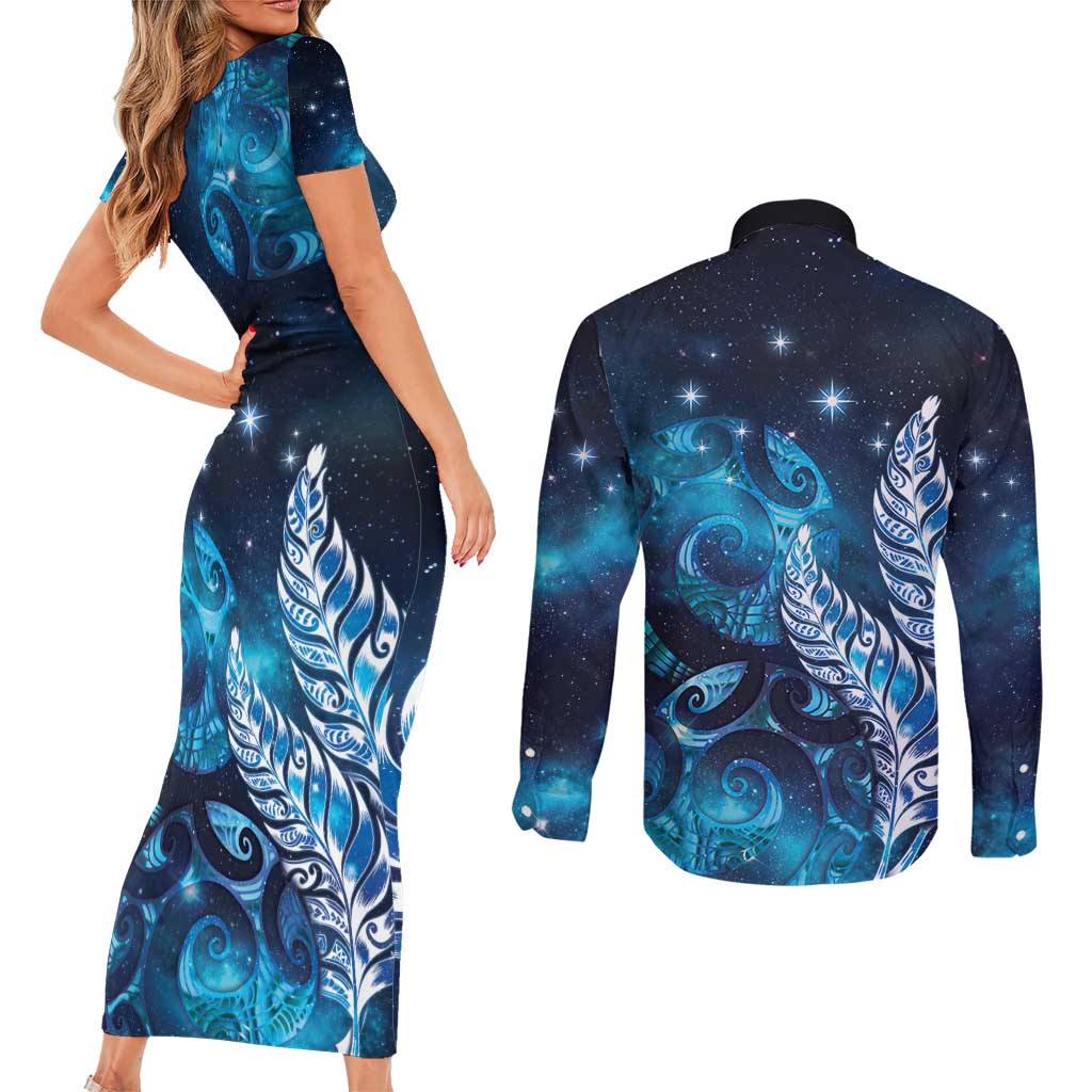New Zealand Matariki Couples Matching Short Sleeve Bodycon Dress and Long Sleeve Button Shirt Maori Koru Mix Silver Fern