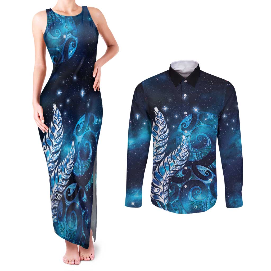 New Zealand Matariki Couples Matching Tank Maxi Dress and Long Sleeve Button Shirt Maori Koru Mix Silver Fern